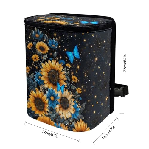 Image of Blue Butterfly Sunflower Print Car Trash Can - Foldable, Automotive Garbage Bin with Leak Proof Hanging Bag