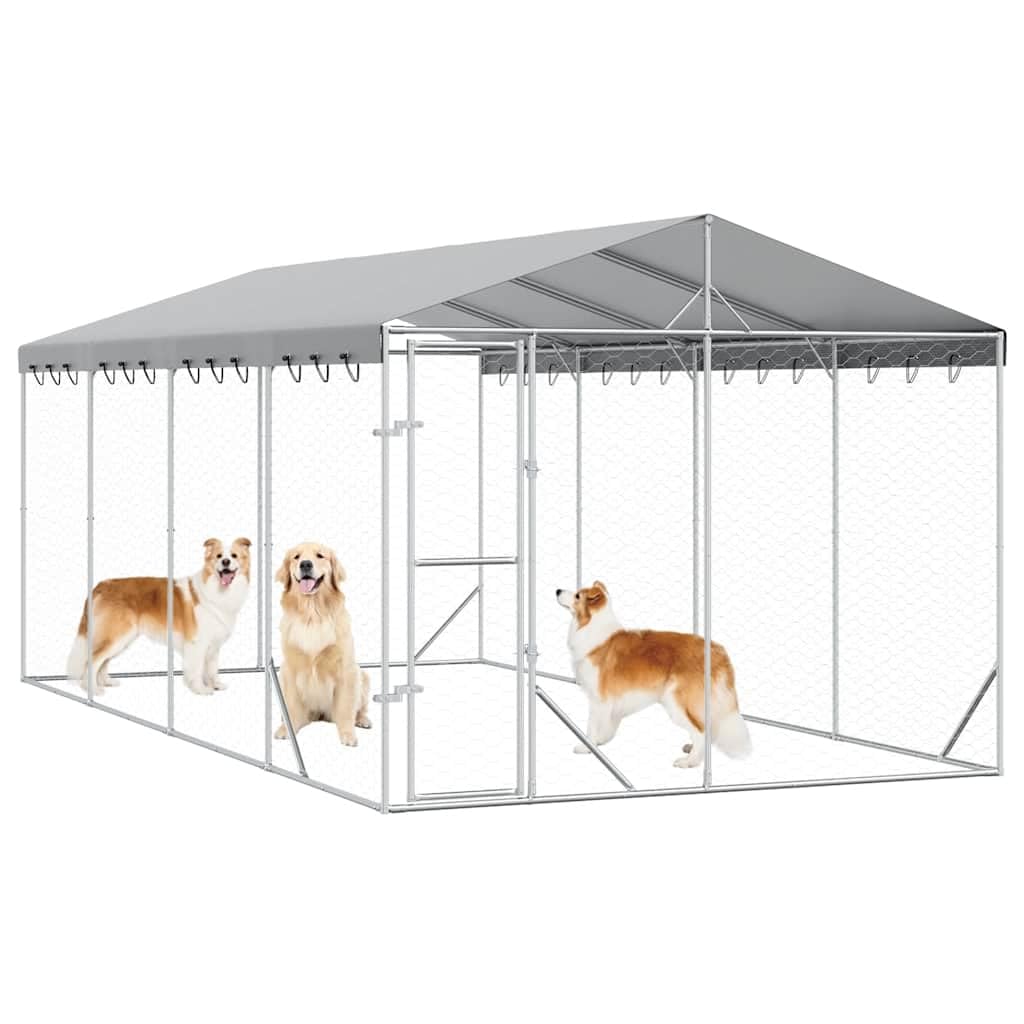 Perrera para perros al aire libre de acero galvanizado con techo plateado, 3 x 6 x 2,5 m, plegable y portátil, con puerta con cierre, protección y seguridad para perros, cachorros, jardín