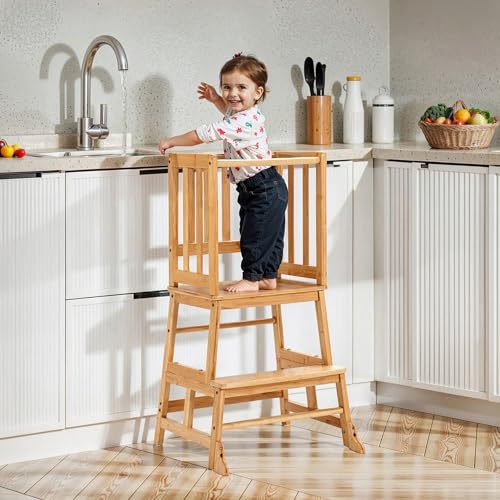 COSYLAND Taburete de Cocina para niños pequeños con Bloques antivuelco, Torre de pie para encimera de Cocina, Fregadero de baño, Taburete de Aprendizaje para Madres y niños con barandillas Laterales