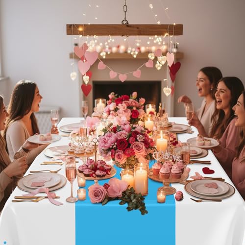 Image of Smiry Plastic Table Cloth Disposable 3 Pack, 54 x 108 Inch Rectangle Waterproof Tablecloth, Printed Gold Table Runner Style for Birthday Weeding, Party Decorations, Leakproof & Sturdy, White and Aqua