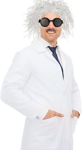 Miniatura 2 de SATINIOR Disfraz de científico loco de 6 piezas para adulto, abrigo de laboratorio marrón, disfraz de Back to the Future Man peluca, gafas de
