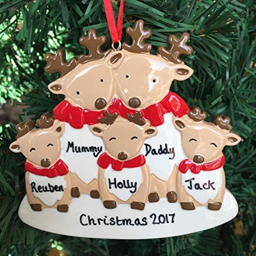 Personalised Christmas Reindeer Decoration Family of 5 Xmas Tree Hanging Bauble Ornament Plaque Keepsake 9.5cm x 9.5cm