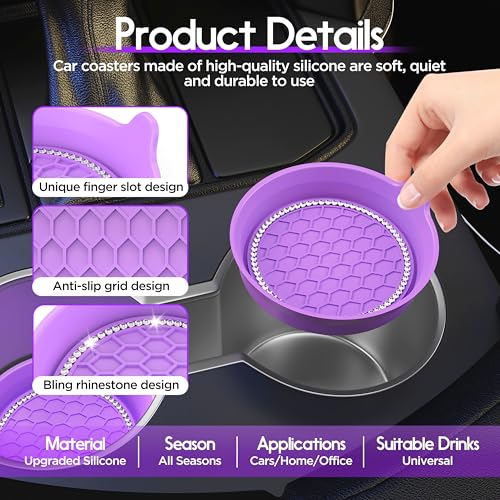 Image of Amooca 4-Pack Car Cup Holder Coaster Bling Crystal Rhinestone Car Interior | Universal Fit Most Car SUV Truck, Non-Slip Silicone, Spill-Proof Deep Cup Shape, Heat Resistant, Sparkly Decor, Purple