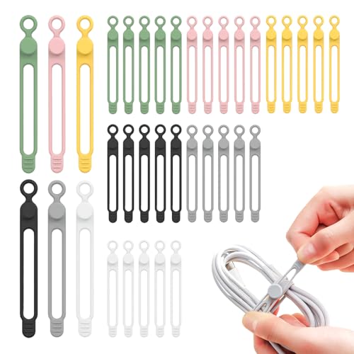 Kit de 30 Sujetacables Reutilizables en Silicona - Organizador Elástico de Cables en 6 Colores, para Auriculares,Cargador de Teléfono, Computadora, Cable de Audio
