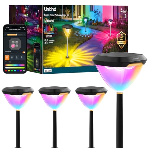 Linkind Smart Solar Pathway Lights SP6 App/Voice Control Solar Lights Outdoor Waterproof 43+ Preset Scenes Cool/Warm White/Color-Changing Outdoor Garden Lights for Yard Patio 4 Pack