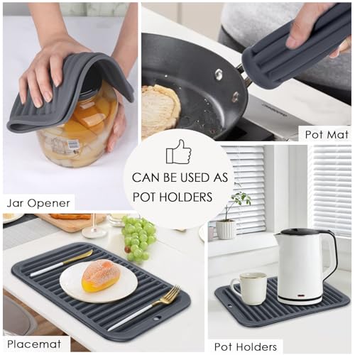Image of 4 PCS Silicone Trivet for Hot Dishes, Silicone Hot Pads Trivets Mat for Hot Pots and Pans, Heat Resistant Hot Mats, Pot Holders, Tables Mats for Countertop, Jar Opener, Drying Mat (Dark Grey)