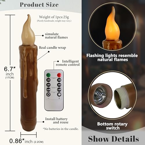 Image of Decor Real Wax LED Flameless Fall Short Taper Candles with Remote, 6.7 Inches Brown Candlesticks, Dripless Battery Operated Flame Rustic Primitive Flameless Lights Decor, Pack of 2