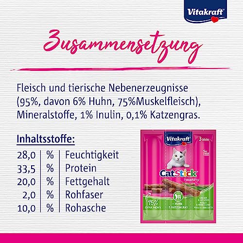 Vitakraft Cat Stick Healthy, Katzensnack, fleischige Mini-Sticks, mit Huhn und Katzengras, zur Unterstützung der Verdauung, in Vorratsgröße, ohne Zusatz von Zucker (20x 3 Stück)