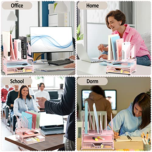 Beiz Pink Desk Organizer And Accessories Storage With 5 Vertical File Folder Holders, 2 Paper Tray, Drawer For Women Office, Home, Dorm, Workspace To Collect Office Supplies #TOP3