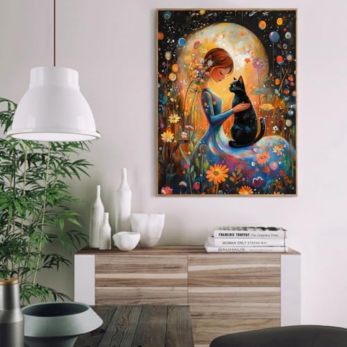 Image of Clendo DIY Paint by Numbers Kit for Adults Beginners, Cat and Moon Adult Paint by Numbers on Canvas, Acrylic Painting Crafts for Home Decor (16x20inch)