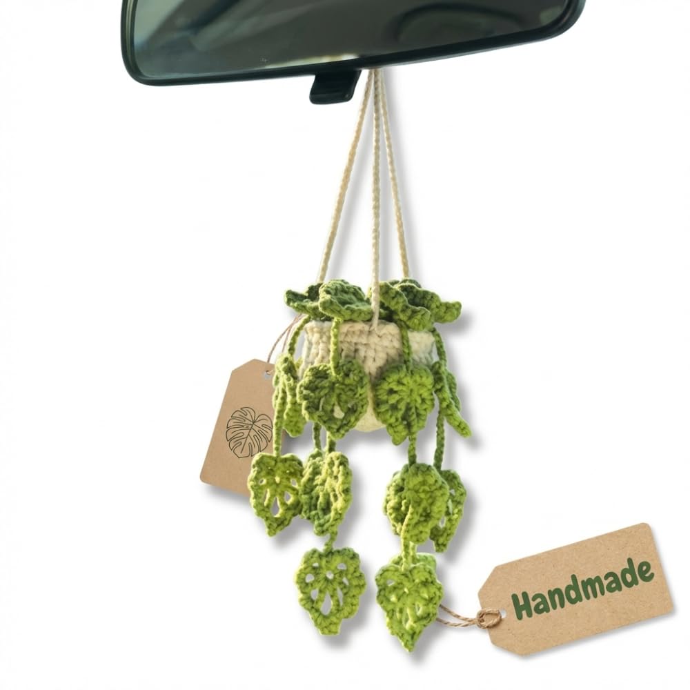 Adorable Crochet Monstera Plant for Car Rearview Mirror - Cute Handmade Hanging Boho Decoration Accessories for Rear View Mirror - Ornament Gift for Plant Lovers (Monstera (1 Pack))