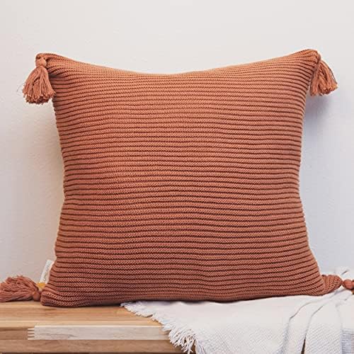 Lumi Living 100% Soft Cotton Raised Stripes Textured Rib Knit Throw Pillow Cover with Tassels (18x18, Rust)