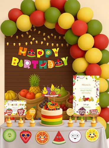 Image of Just Party Fruits Theme Party Decoration - 100 pcs Happy Birthday Decoration Kit for Kids | Fruits Theme Birthday Decoration Items for Boys & Girls |Includes Balloons, Backdrop Curtain, Props, Banners