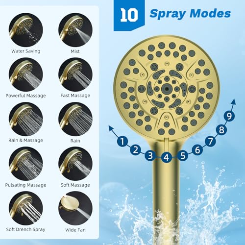 Image of Hibbent High Pressue All Metal 10 inch Rainfall Shower Head, Handheld 10-Spray | cUPC Certified Brushed Gold Dual Showerhead Combo, 4-way Diverter with Pause Mode, Brass Extension Arm, 71'' Hose & Holder