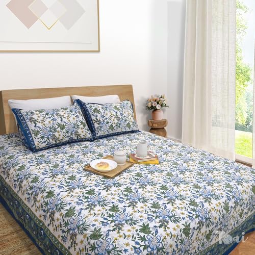 Image of TOAI Hand Block Printed Bedsheet | Bed Spread Flatsheet Bed Sheet | Pure Cotton | Queen Size 90 inchx108 inch | 210 TC Long Staple Cotton | 2 Reversible Pillow Covers |Blue Green Motives On White