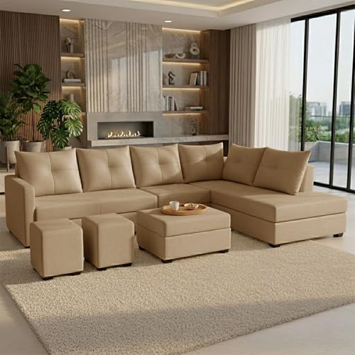 Image of Wood 8 Seater Sofa Set with Ottoman & Stools | Velvet Fabric Upholstery | Modern L Shape Wooden Frame Couch for Living Room, Home & Office (Golden)