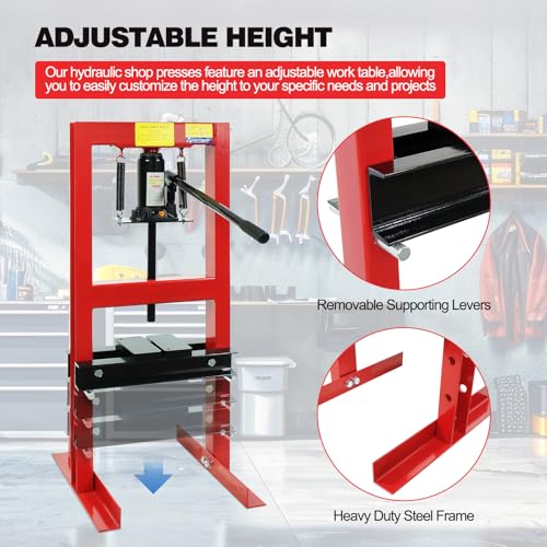 Image of 6T Hydraulic Press, 6 Ton H-Frame Garage Floor Hydraulic Benchtop Press Adjustable Hydraulic Shop Press with Plates, Red