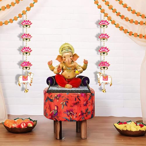 Image of CREYENTES Lotus with Pichwai Cow for Door Decoration (Pack of 2 Line), Handmade Mirror Work, Backdrop, Pooja Room, Diwali, Wedding,Temple, Mdf Material Beautiful and Eye-Catching.