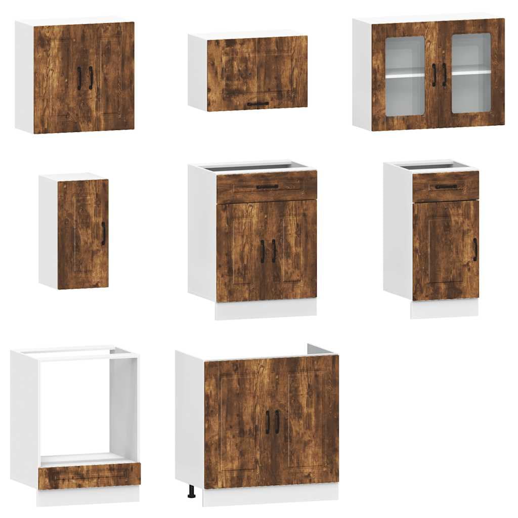 Juego de 8 armarios de cocina de madera de roble ahumado Kalmar con muchos compartimentos para optimizar el espacio, armarios inferiores de cocina con patas ajustables que ofrecen un práctico