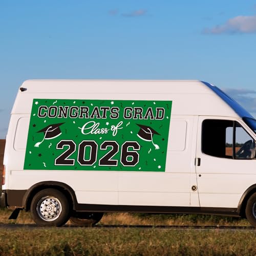 Image of 2026 Graduation Party Plastic Backdrop - 65 inch x 32.7 inch Congrats Grad Banner in Green, Large Class of 2026 Decorations, Photography & Grad Party Supplies