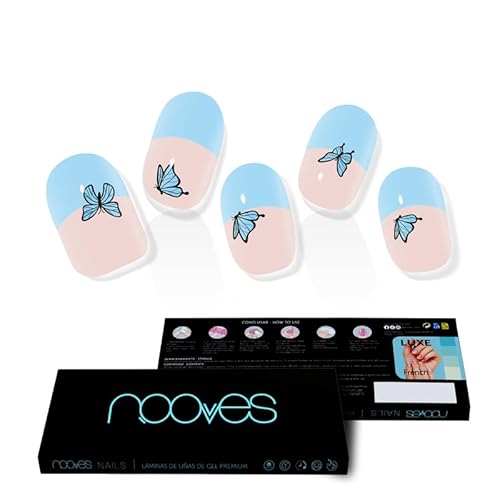 NOOVES - Láminas de Gel para Uñas|Papillon Blue - French Design | 20 uds, Uñas de Gel Semicuradas Premium, Gel Nail Stickers,Pegatinas Uñas de Gel, Incluye 1 Lima de Uñas y 1 Palito de Naranjo, Vegano