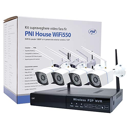 Kit di videosorveglianza PNI House WiFi550 NVR 8 canali 1080P e 4 telecamere wireless da esterno 720P, P2P, IP66