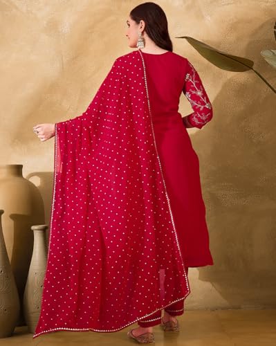 Image of SheWill Kurta Set for Women - Maroon Velvet Zari Sequence Cording Embroidered Kurta with Pant and Cutwork Organza Dupatta