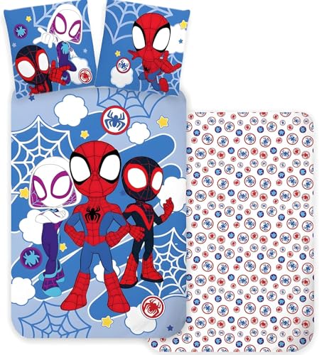 BrandMac Spidey & Friends Ensemble de Linge de lit pour Enfants | Housse de Couette 140 x 200 cm + Taie d’Oreiller 50 x 70 cm, 100% Coton | Linge...