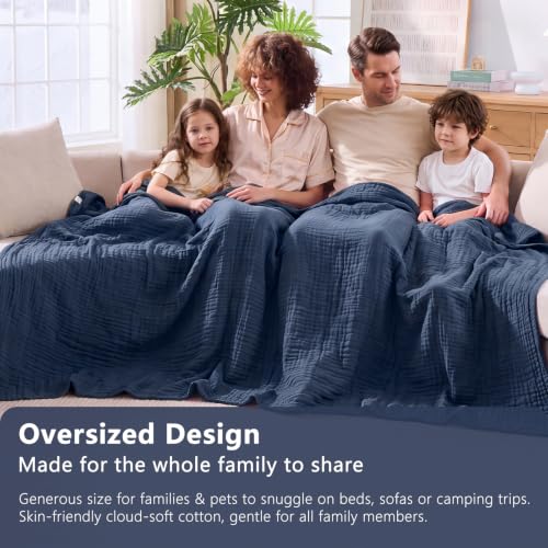 Image of EMME 9 Layer Muslin Cotton Blanket Adults Coverlet,King,Navy