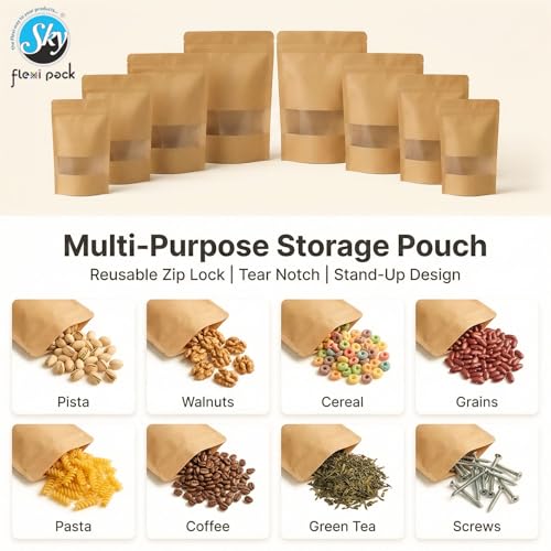 Image of Brown Kraft Paper Zip lock Stand Up Pouches | 12x20 cm | 250gm | Pack of 10 | Food Grade Storage Bags with Transparent Window | Airtight Reusable for Dry Fruits, Snacks, Spices | Self-Sealing