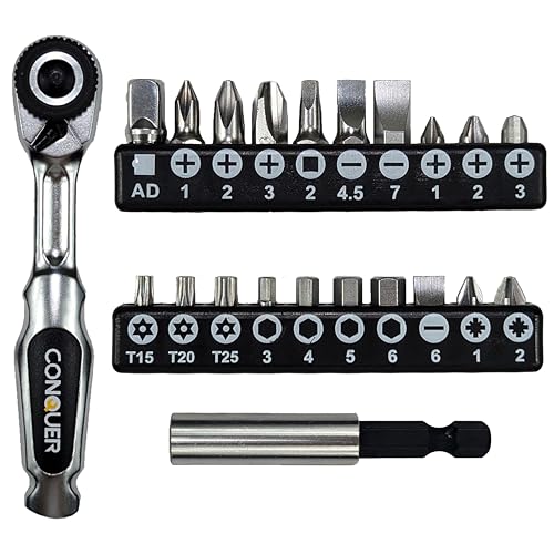 Image of CONQUER 22pc 1 /4 Ultra Low Profile Mini Ratchet Close Quarter Mini Screwdriver Set with High Torque - Right Angle EDC Tool with 72-Tooth Gear head and Spin Disk for Tight Spaces