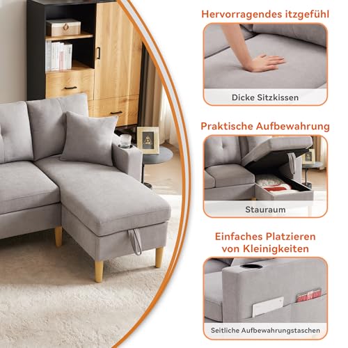 Arhatreya 3 Sitzer L-förmiges Sofa Gästesofa Modern Couch, 3er Sitzsofa mit Getränkehalter und Kissen, Polstersofa mit Stauraum für Wohnzimmer, Schlafzimmer, Wohnung, Gästezimmer, Hellgrau – Bild 5