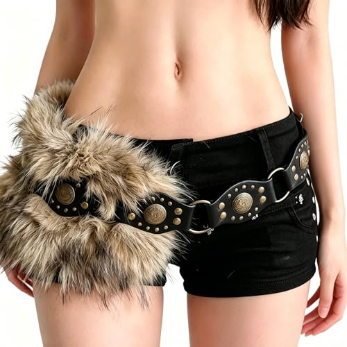 YOKUSHI Black Faux Fur Leather Belt for Women Y2K Fashion Pin Buckled Furry Belt for Vintage Skirt