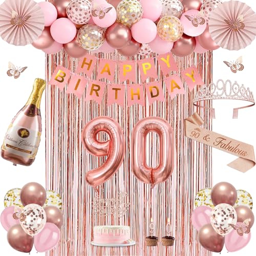 90th Birthday Decorations for Women Rose Gold 90th Birthday Decorations 90 Sash and Crown Banner Fringe Curtains Hanging Paper Fans 90 Year Old Party Supplies Set