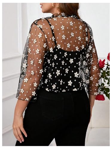 GORGLITTER Women's Plus Size 3/4 Sleeve Sheer Mesh Shrugs Bolero Floral Summer Lightweight Dress Cardigans Trendy2