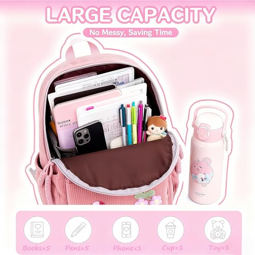 Personalized Corduroy Kids Backpack, Custom Name School Bag with Decorative Stitching, Toddler BackPack, Back to School Gift (Pink)3