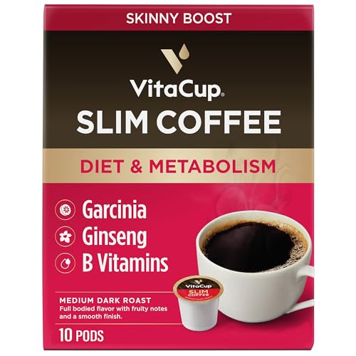 VitaCup Slim Organic Coffee Pods, Diet Support with Ginseng, Garcinia, B Vitamins, Bold Medium Dark Roast, Single Serve Pod, Compatible with Keurig K-Cup Brewers,10 Ct