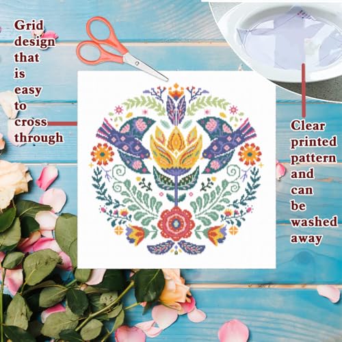 Image of FREEBLOSS 11CT Stamped Cross Stitch Kits Scandinavian Folk Art Cross Stitch Ornament Kits with Instructions Embroidery Needlepoint Kit for Wall Hanging Home Decor 17.7x17.7inch