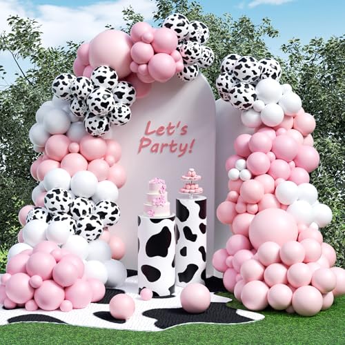 Image of Pink Cow Balloons Arch Kit - Pastel Pink Cow Latex Balloon Different size Balloon Garland Kit for Cowgirl Baby Shower Birthday Farm Western Cow Print Animal Theme Party Decorations Supplies