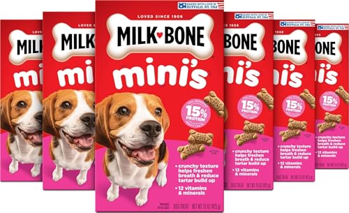 Image of Milk-Bone Mini's Original Biscuits, Mini Dog Treats, 6 Boxes | 6 (15-oz.) boxes, Tail-wagging meaty taste, 15% protein, 5 calories per treat