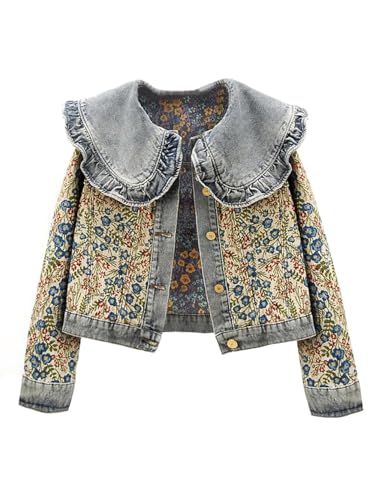 Women's Long Sleeve Denim Jacket with Sweet Peter Pan Collar Elegant Jacquard Design Casual Button Down Jean Coat