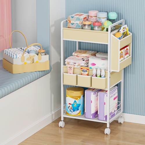 Image of JBBTOOL 3-Tier Baby Diaper Caddy Cart with Wheels, Nursery Storage Organizer with Dividers & Pockets, Mobile Metal Utility Cart for Baby Essentials, Bedroom, Kitchen & Office