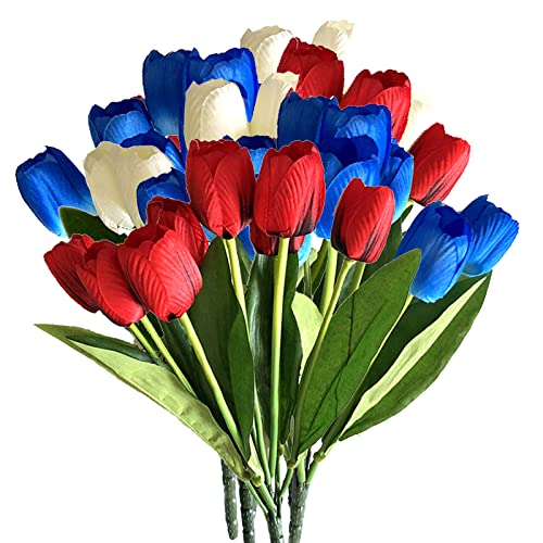 SAING S A I N G Artificial Tulip Flowers 6 Bundles for 4th of July, UV Resistant Outdoor Garden Fake Silk Flowers, 54 Heads Plastic Greenery Shrubs Plants (Red, White, Blue)