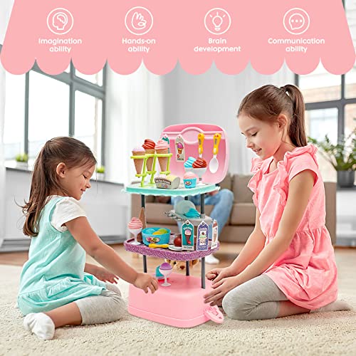 Ice Cream Toys 72pcs Dessert Shop Playset 3 in 1 Pretend Play Toy Set with Portable Shoulder Strap Storage Hamburger Design Role Play Kitchen Game for 3 4 5 6 Kids Toddlers Boys Girls