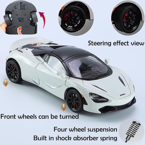 Image of 1:24 McLaren 720S Convertible Diecast Car | Alloy Metal Pull Back Toy Car with Openable Doors, Lights & Music | Model Car for Kids Boys Girls Gift & Collectors (White)