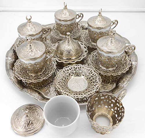 Silver color Set of 6 coffee cup with metal saucer, cup holder, lid& tray/Moroccan drink ware/Home decorative