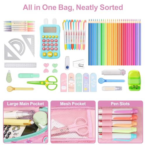 Image of Cute Kids Pencil Case - Girls Pen Pouch Large School Organizer | Pen Bag & Smooth Zipper, Multi-Slot Storage, Mesh Pocket, 900D Water Resistent, Giftable School Supplies, Pink, Unicorn