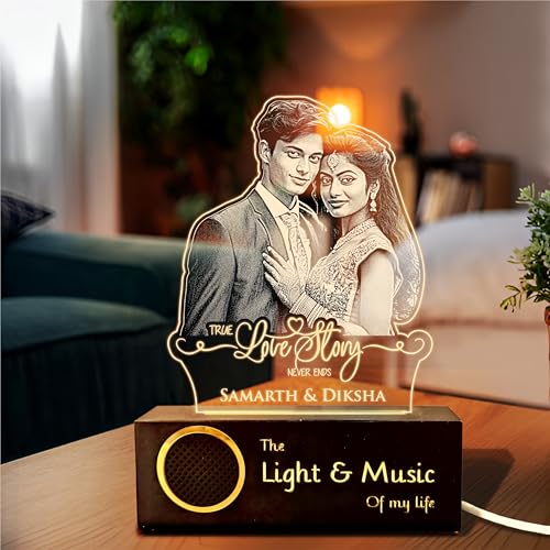 Image of ZOCI VOCI Personalized Acrylic LED Lamp | Romantic Gift for Valentine's Day, Personalized Gifts for Couples (Warm Light + BT Speaker, B&W - Engraving)