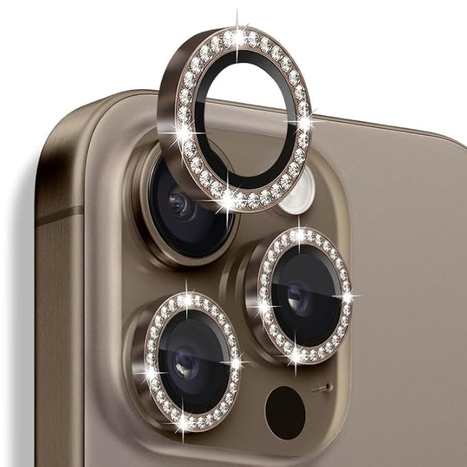 Image of Compatiable with iPhone 16 Pro / 16 Pro Max Camera Lens Protector Ring - Diamond Design | 9H Tempered Glass | HD Clear | Anti-Scratch | Anti-Drop Desert Titanium Diamond
