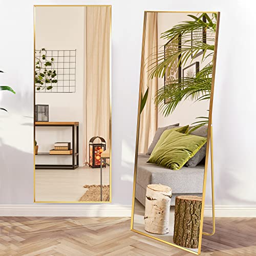 Beauty4U Beveled Edge Full Length Floor Mirror, 59" x 16" Free Standing Hanging or Leaning Body Mirror, Wall-Mounted Mirror Dressing Mirror for Bedroom, Bathroom, Gold